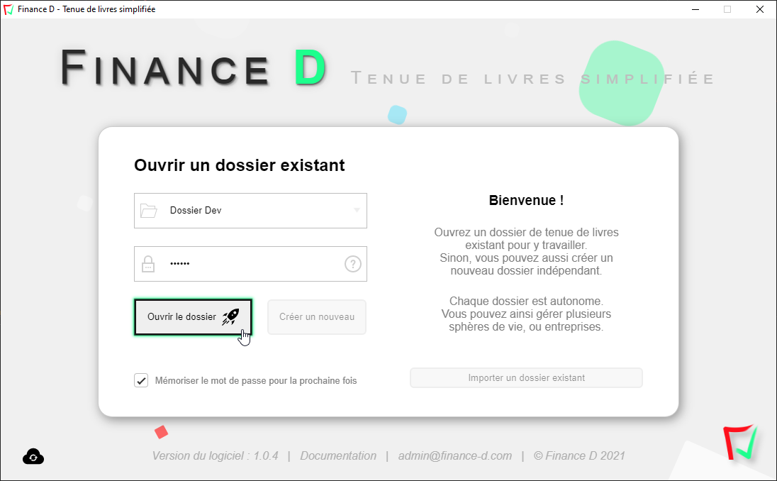 Capture d'écran des dossiers de tenue de livres sécurisés par mot de passe dans le logiciel Finance D.