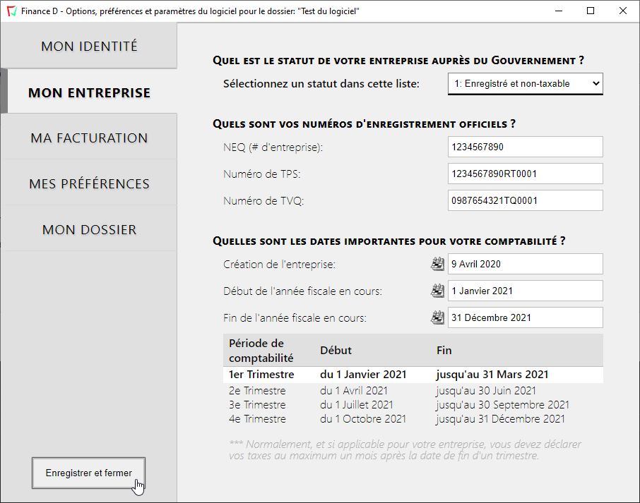 Capture d'écran de la gestion automatisée des dates de vos trimestres de taxes dans le logiciel Finance D.