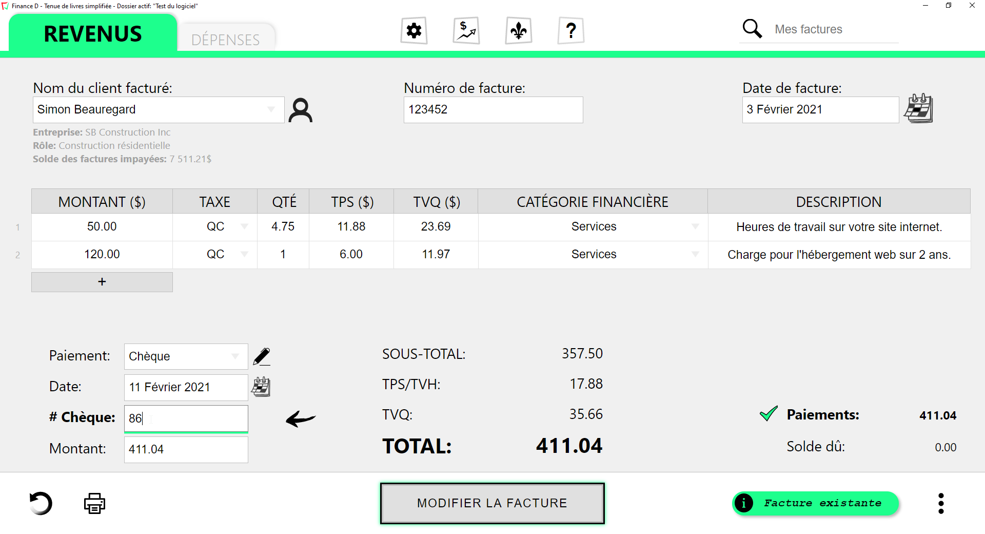 Capture d'écran qui montre comment régler les paiements de vos factures clients dans le logiciel Finance D.