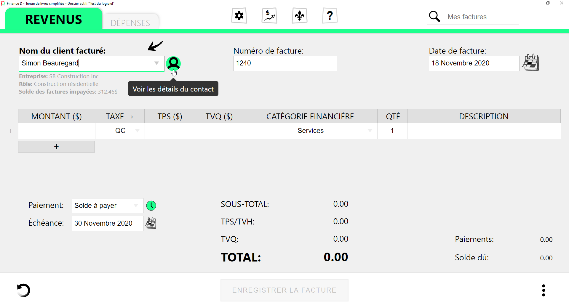 Capture d'écran pour montrer comment afficher les informations du contact dans le logiciel Finance D.