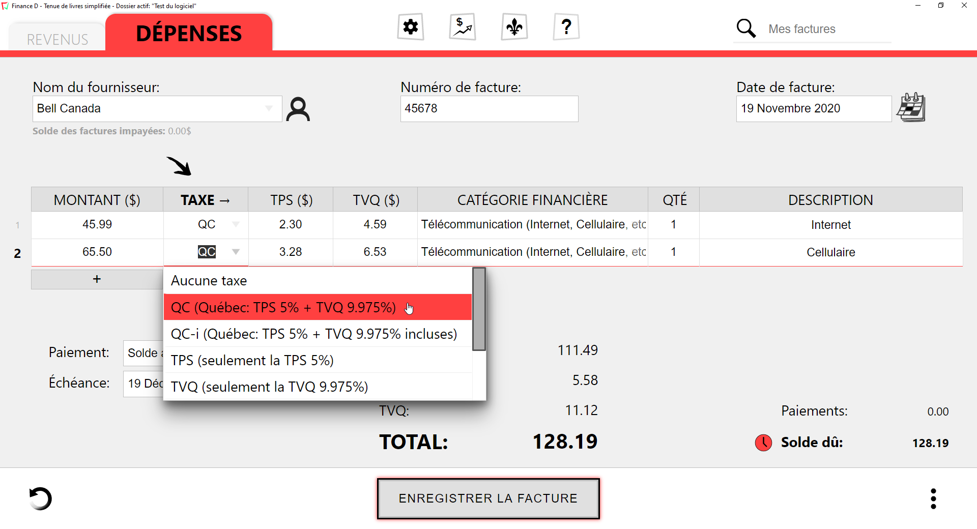 Capture d'écran d'une facture de dépenses de la catégorie Télécommunication dans le logiciel Finance D.