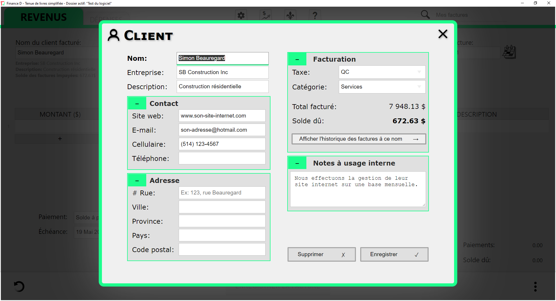 Capture d'écran de l'interface des contacts clients dans le logiciel Finance D.