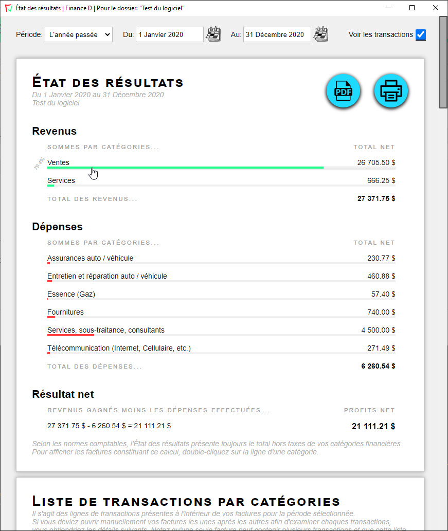 Capture d'écran de la fenêtre de l'état des résultats dans le logiciel Finance D.
