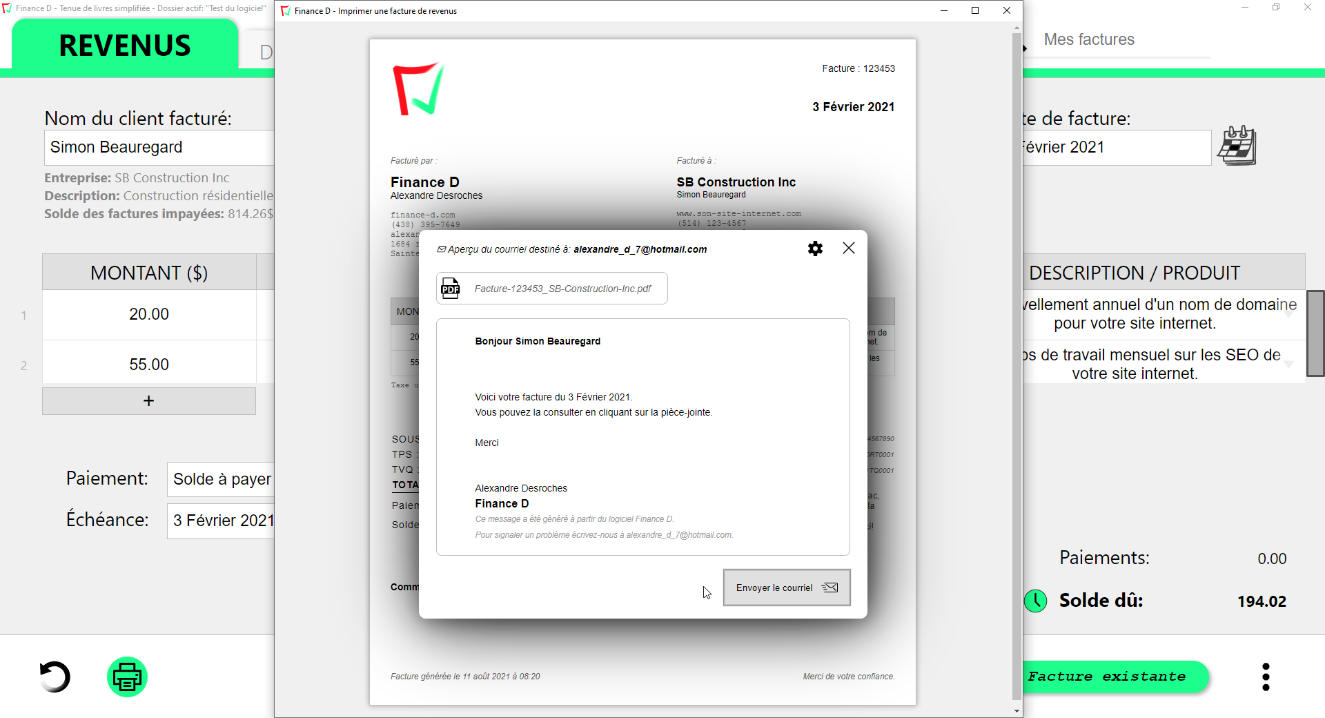 Capture d'écran pour envoyer une facture de revenus par email dans le logiciel Finance D.