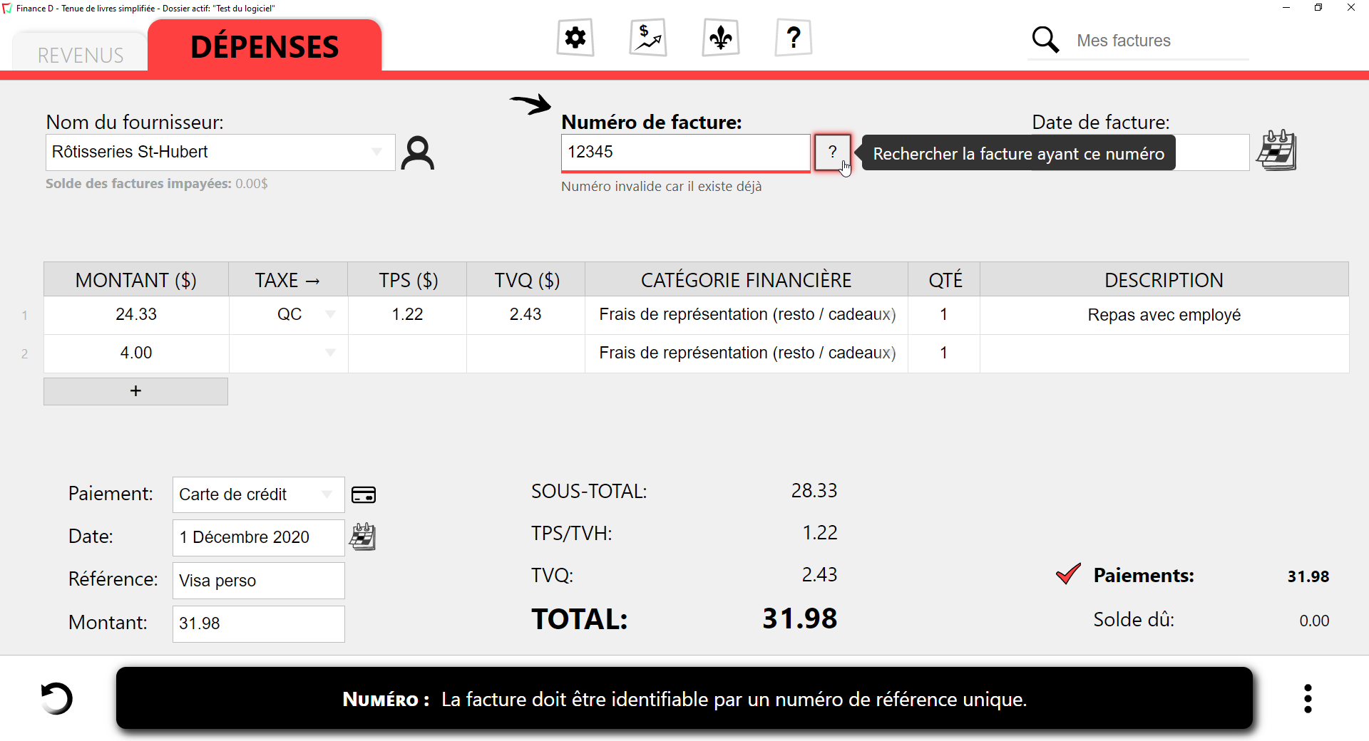 Capture d'écran d'une facture de dépenses de catégorie frais de représentation dans le logiciel Finance D.