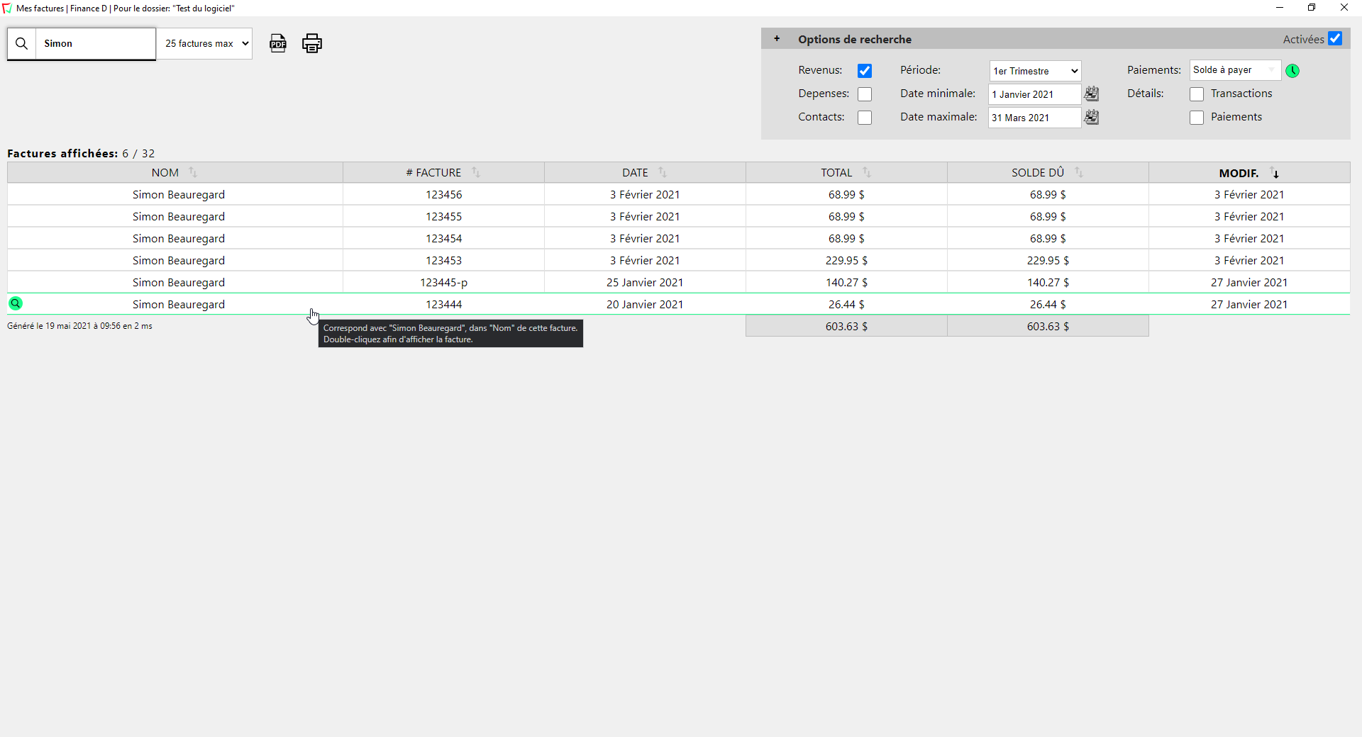 Capture d'écran de la fenêtre de recherche de vos factures dans le logiciel Finance D.