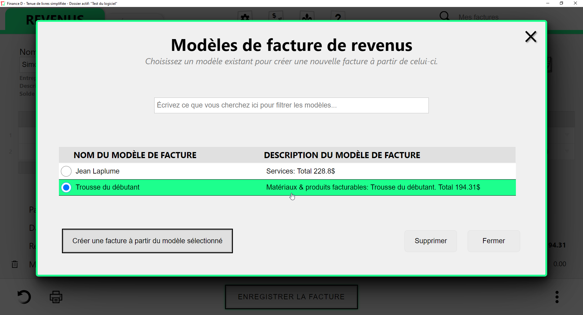 Capture d'écran qui montre les modèles de factures récurrentes.