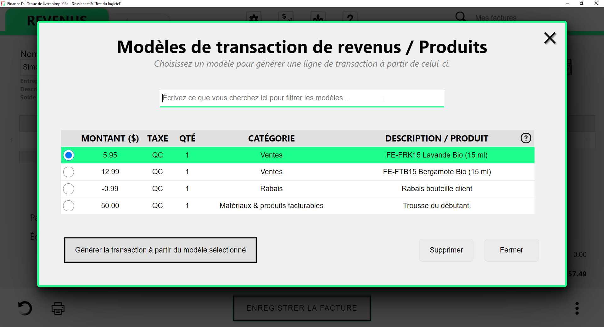 Capture d'écran qui montre les modèles de transactions pour vos produtis et services récurrents.